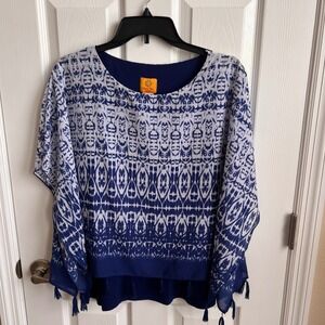 Ruby‎ Rd. Petite Tassel Poncho Top Blue White Print Lightweight PM